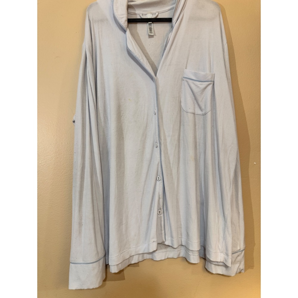 Skims Sleep Long Sleeve Button Up Ribbed Top Glacier Blue Large